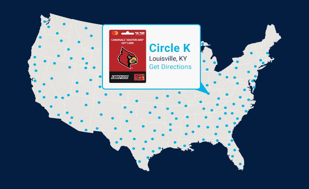 Fancard Gift Card Map featuring Louisville Cardinals Gift Card at a Circle K Location