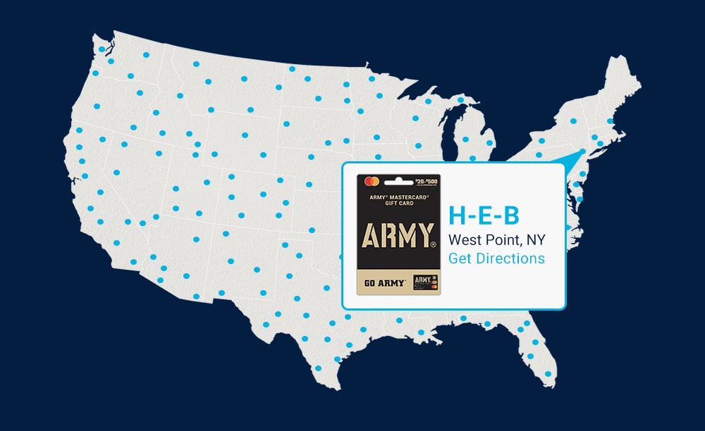 Fancard Gift Card Map featuring Army Gift Card at HEB Location