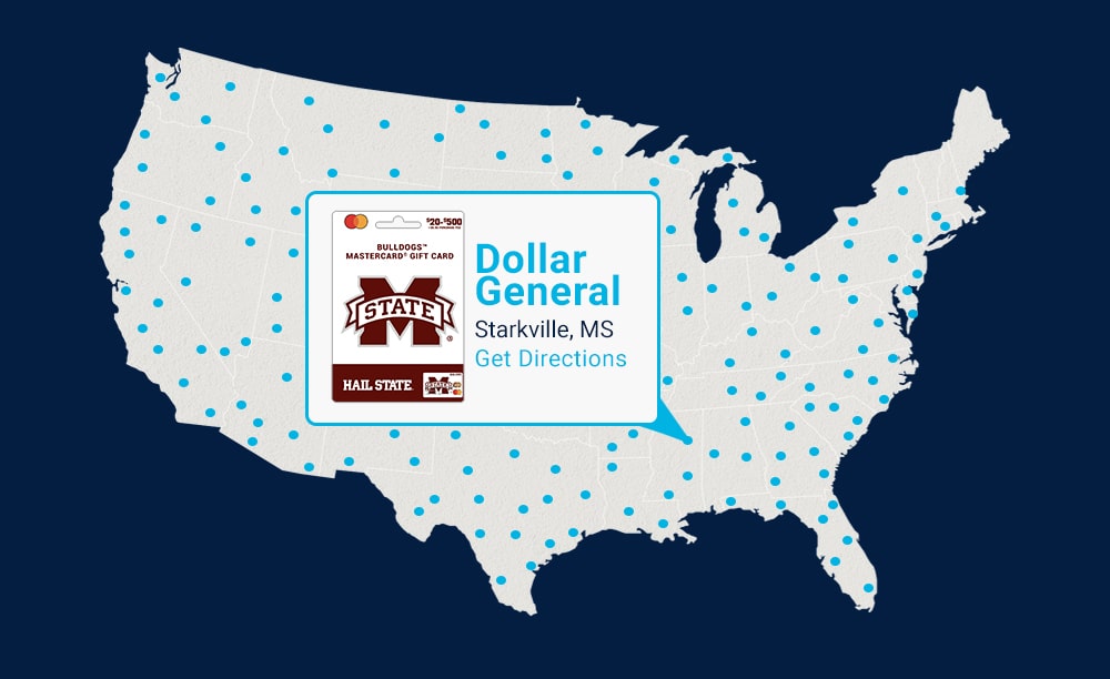 Fancard Gift Card Map featuring Mississippi State Card at Dollar General Location