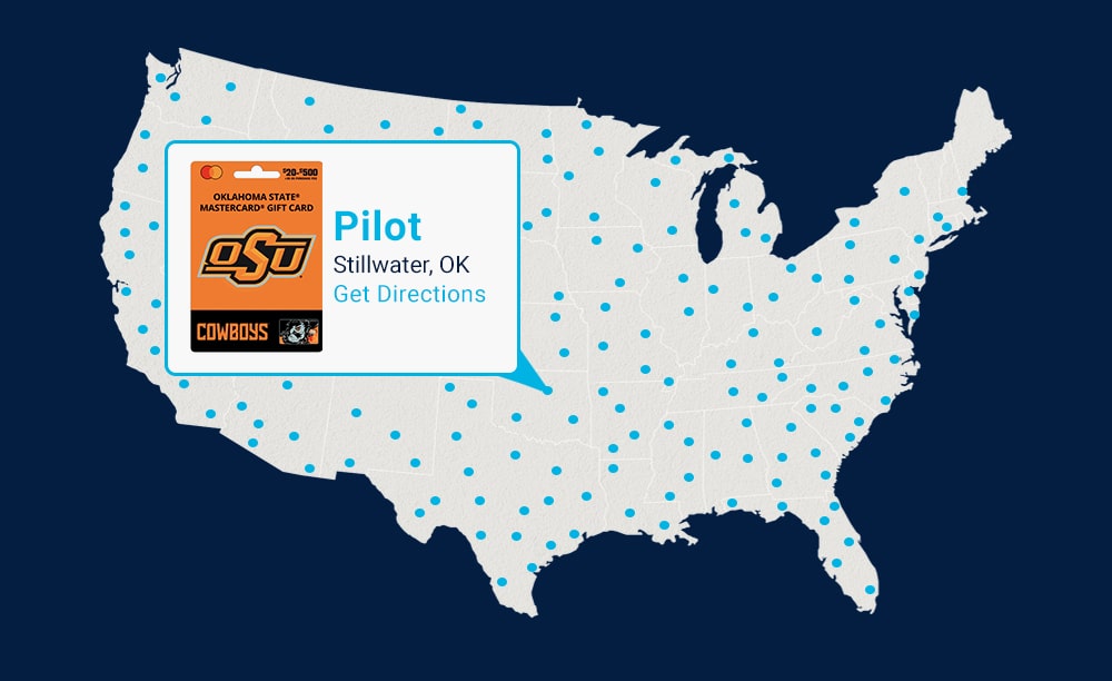 Fancard Gift Card Map featuring Oklahoma State Gift Card at Pilot Location