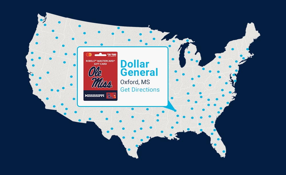Fancard Gift Card Map featuring Ole Miss Gift Card at Dollar General Location