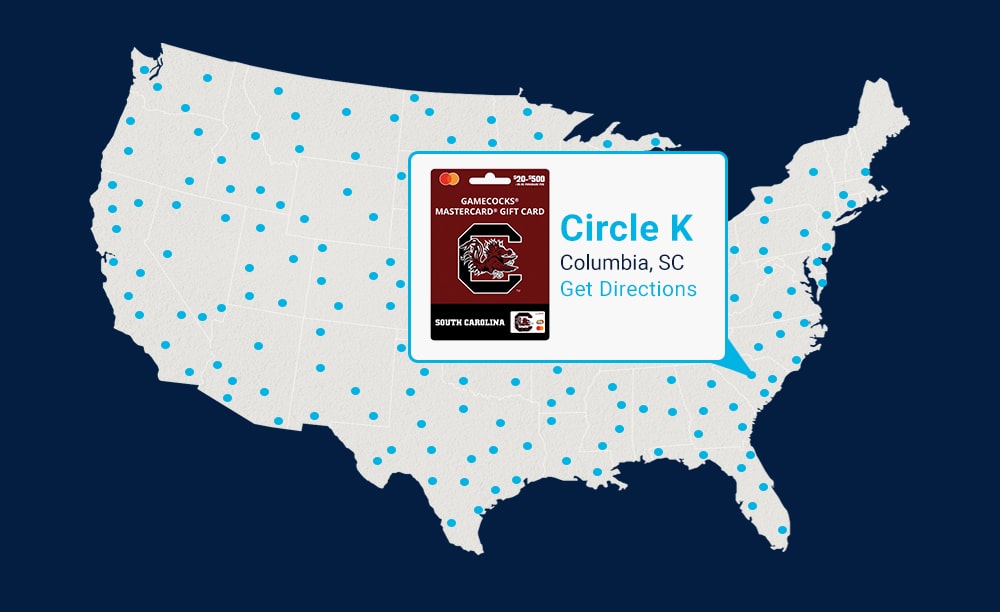 Fancard Gift Card Map featuring South Carolina Gift Card at a Circle K Location