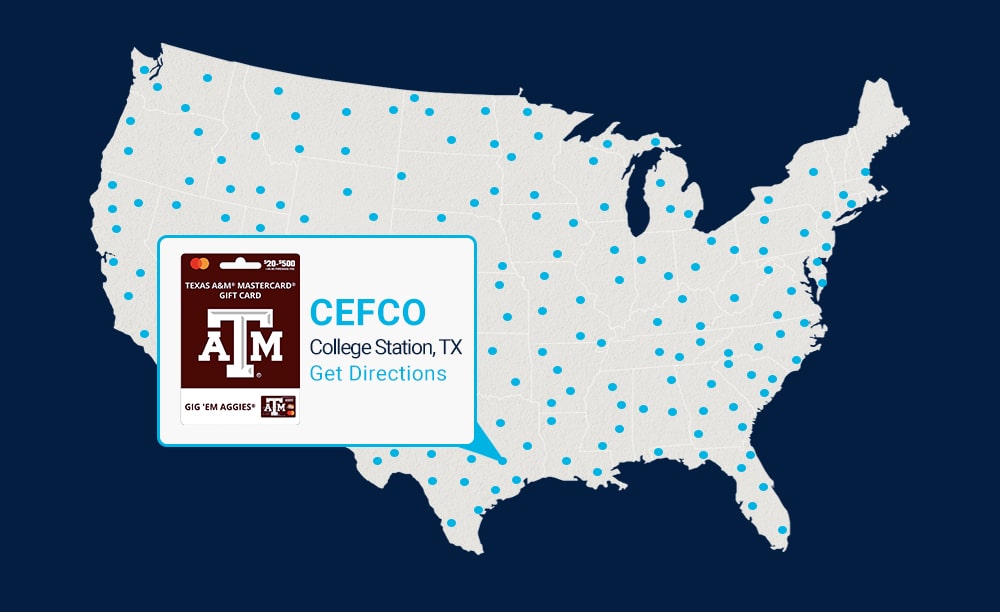 Fancard Gift Card Map featuring Texas A&M Gift Card at CEFCO Location
