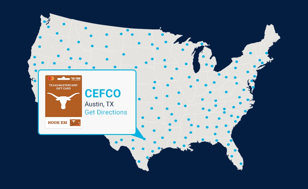 Fancard Gift Card Map featuring Texas Gift Card at CEFCO Location
