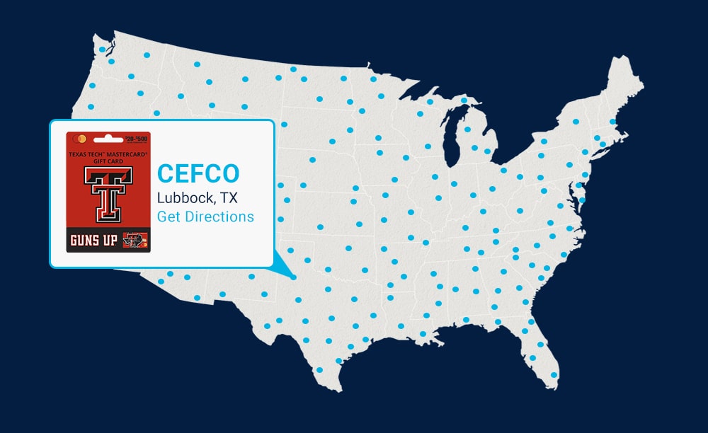 Fancard Gift Card Map featuring Texas Tech Gift Card at CEFCO Location