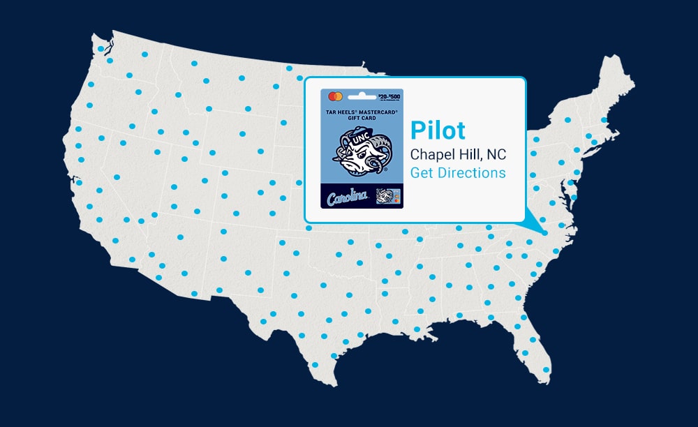 Fancard Gift Card Map featuring North Carolina Gift Card at Pilot Location