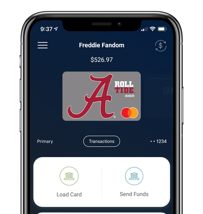 Manage your Alabama Crimson Tide Fancard Prepaid Mastercard with the Fancards mobile banking app