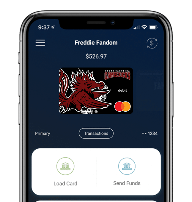 Manage your South Carolina Gamecocks Fancard Prepaid Mastercard with the Fancards mobile banking app