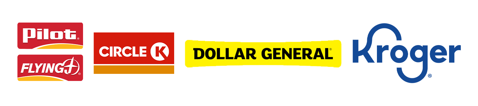 Pilot Flying J, Circle K, Dollar General, and Kroger Logos